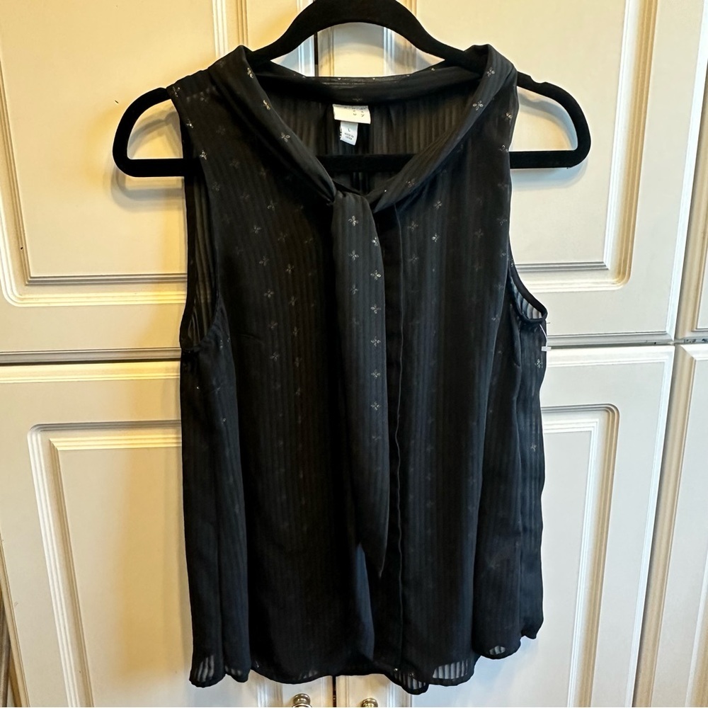 a new day Woman’s Black & Gold Flower Sleeveless Tie-Neck Blouse, Size L